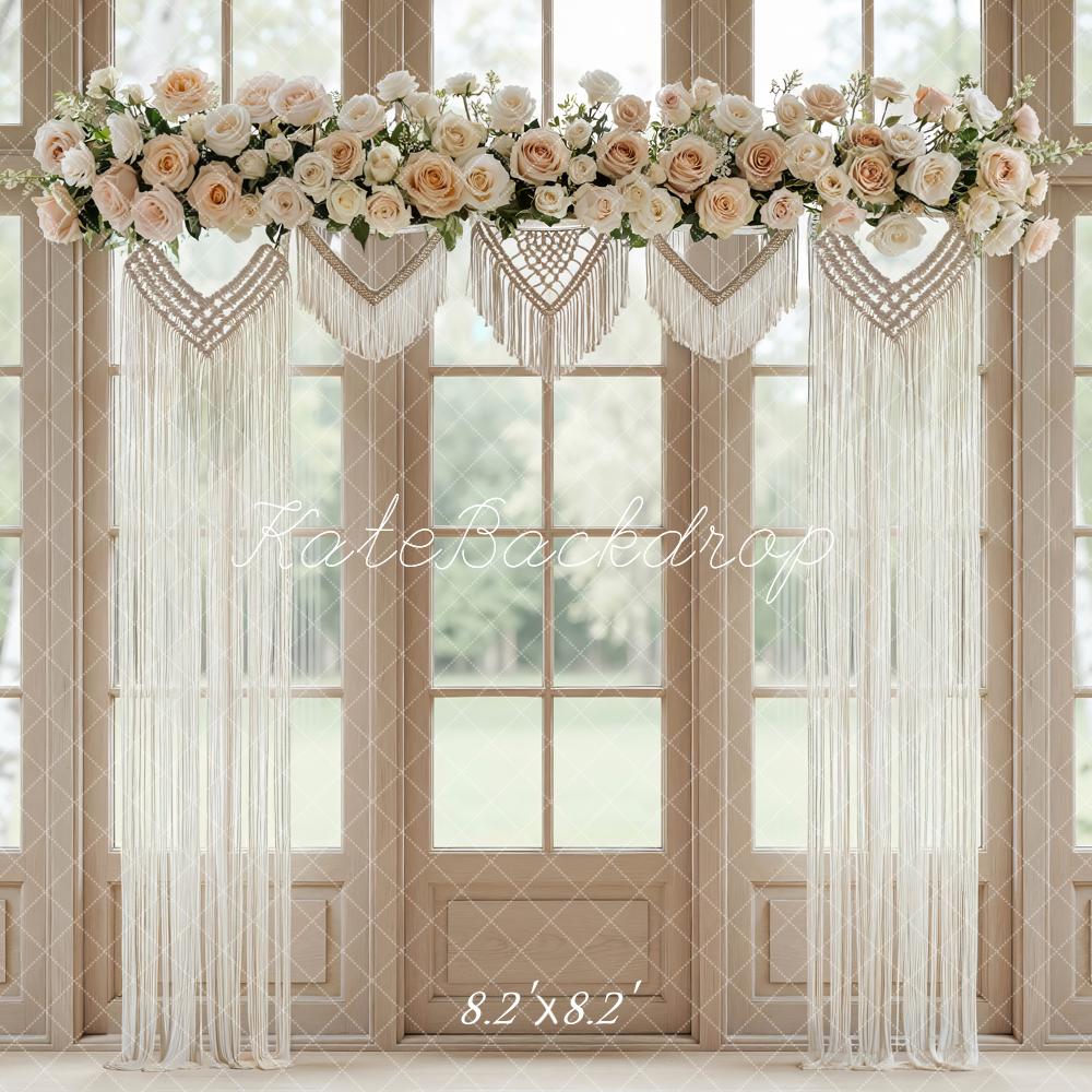 Kate Boho Flower Arch Macrame Window Scene Printed Backdrop Designed by Mini MakeBelieve