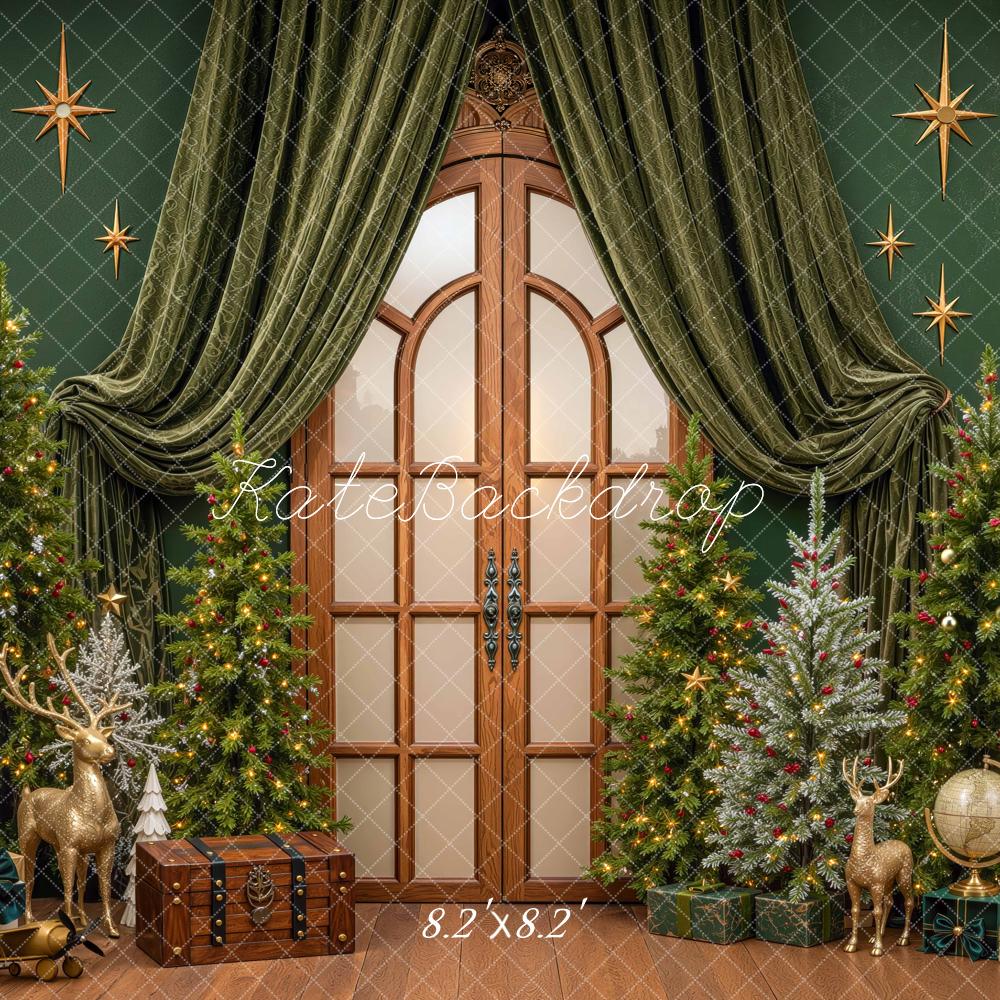 Kate Christmas Trees Green Draped Door Gifts Printed Backdrop Designed by Mini MakeBelieve