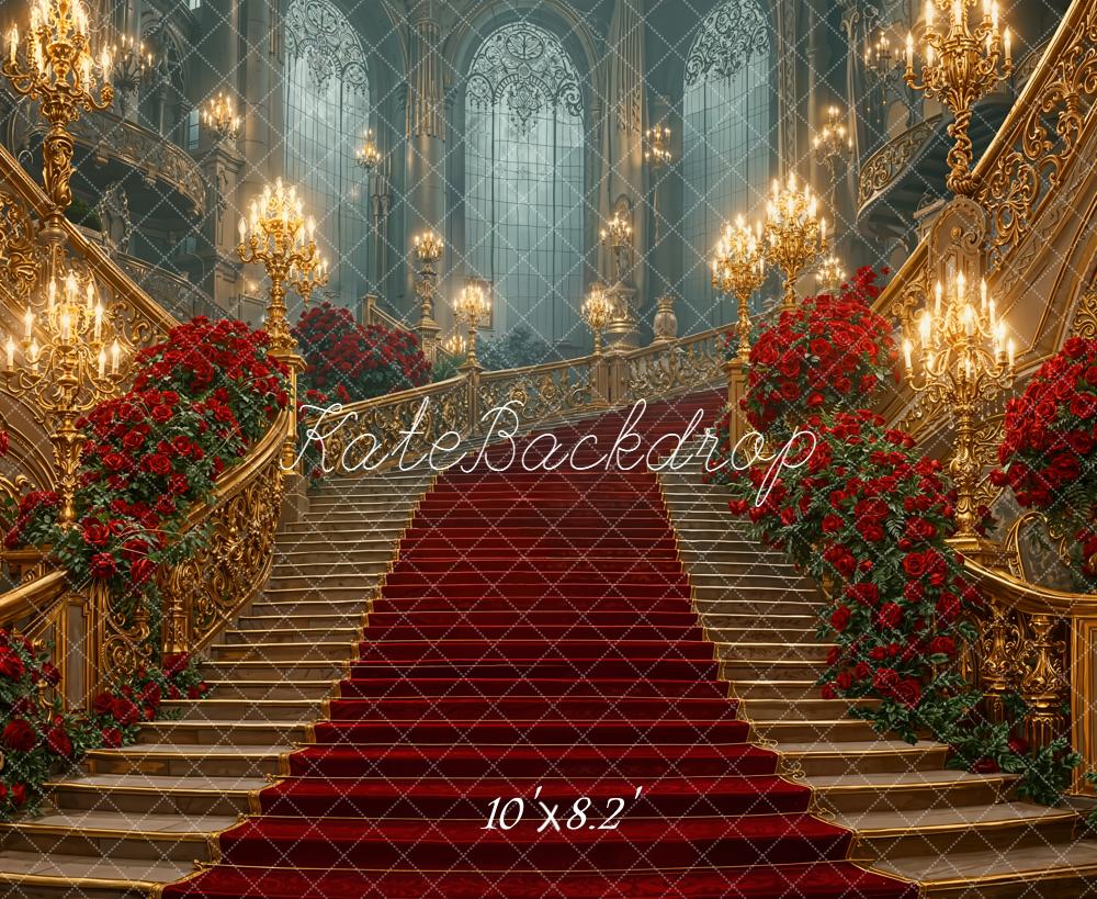 Kate Valentines Cascading Stairs Red Roses Gold Chandeliers Backdrop Designed by Emetselch