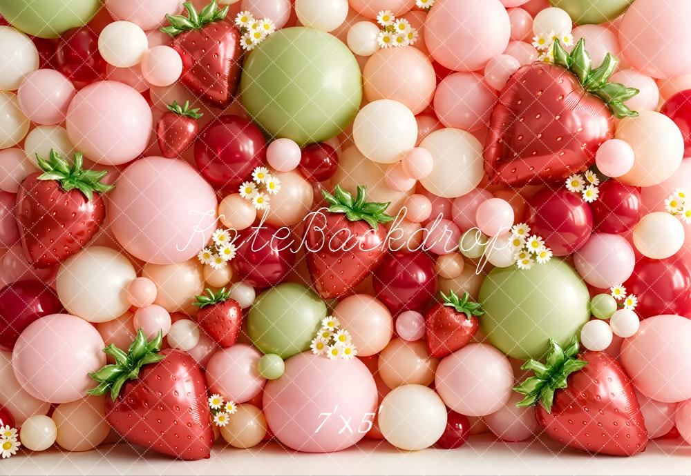 Kate Summer Strawberry Balloon Wall with Daisies Printed Backdrop Designed by Emetselch