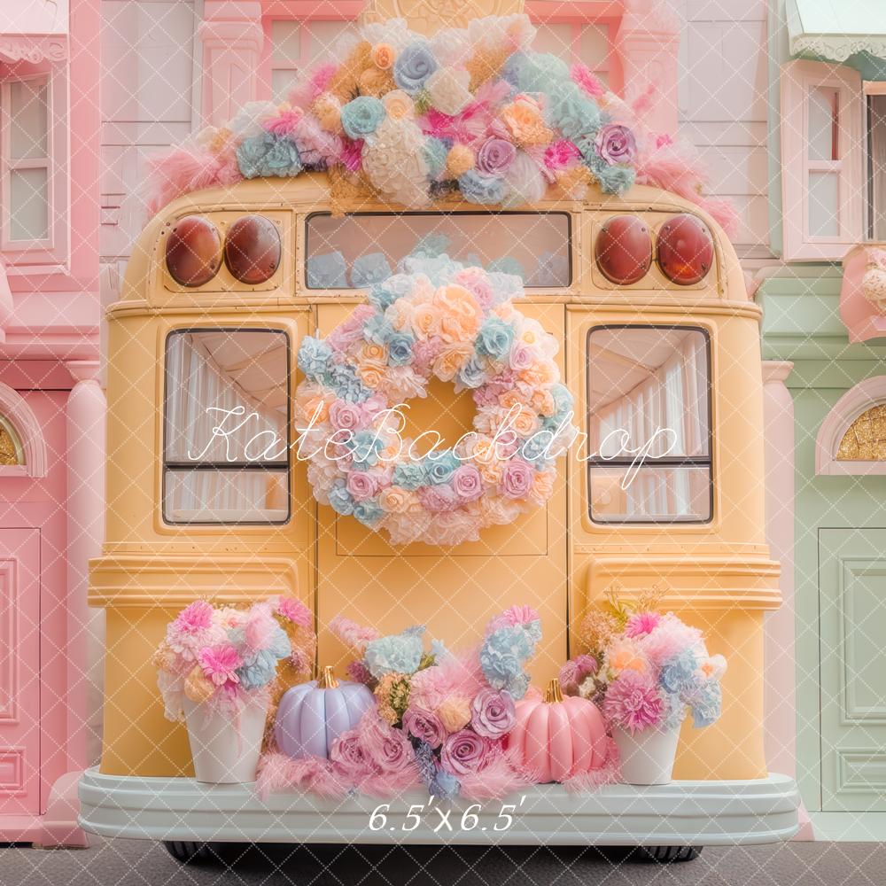 Arco de Flores de Autobús Escolar Pastel de Houses Fondo Diseñado por Mini MakeBelieve
