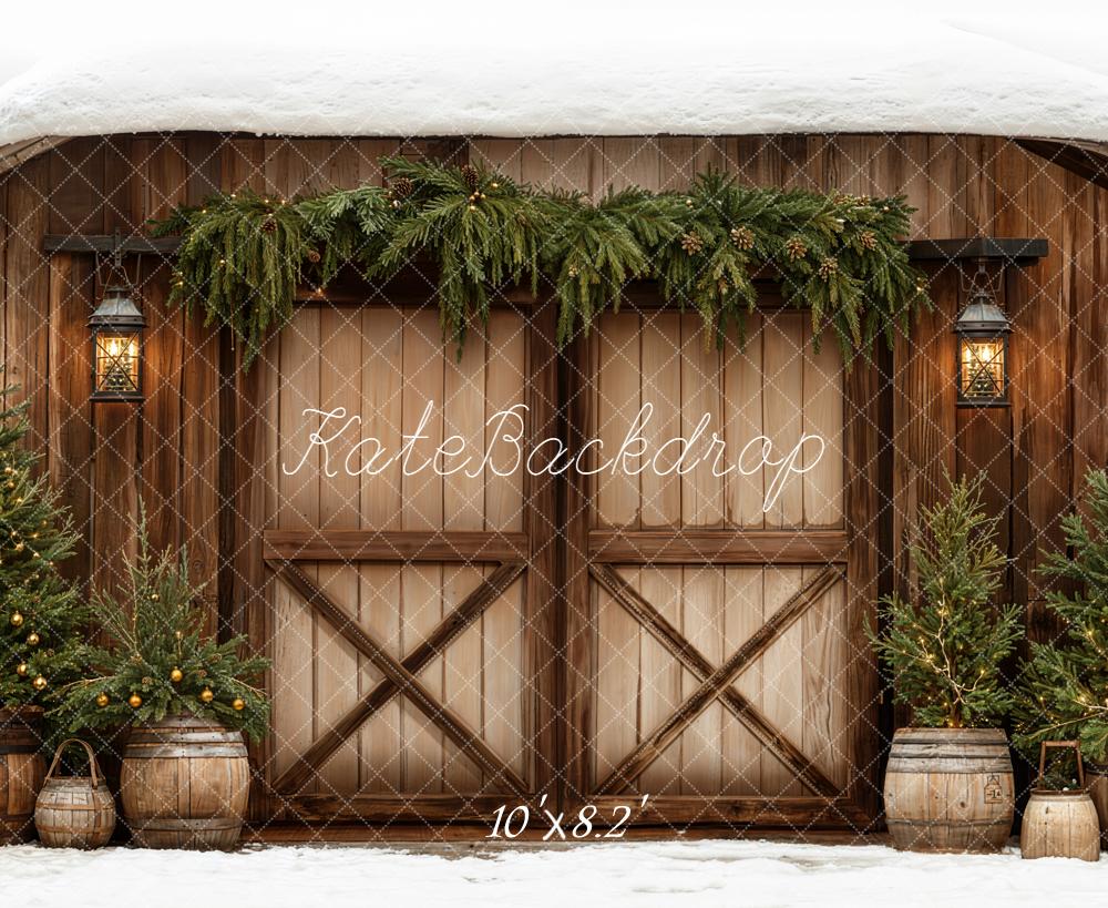 Kate Christmas Brown Barn Door Pine Trees Snow Backdrop Designed by Emetselch