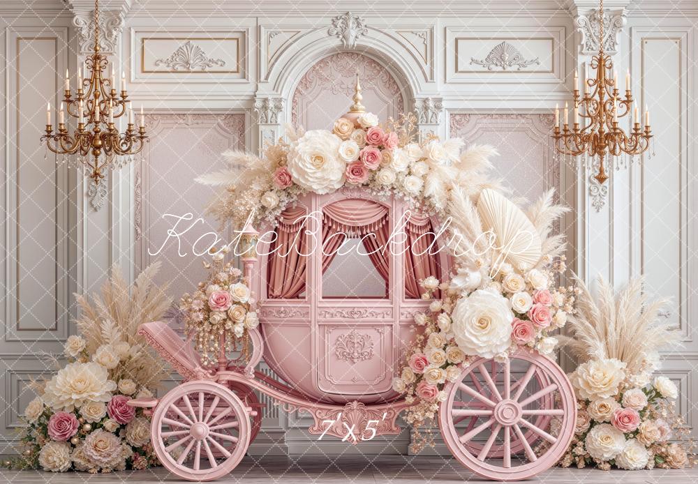 Kate Fairytale Pink Carriage Flower Arch Chandelier Palace Printed Backdrop Designed by Mini MakeBelieve