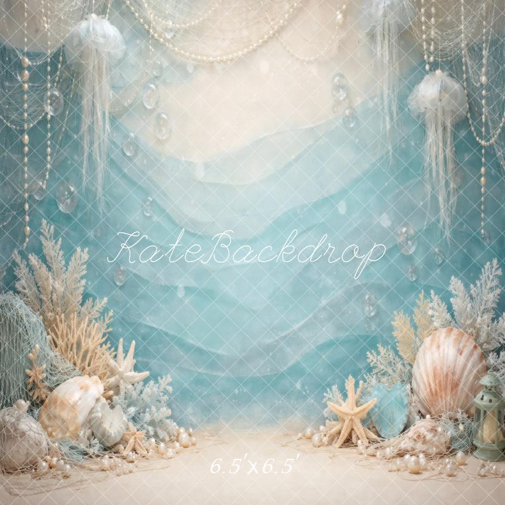 Kate Mermaid Jellyfish Seashells Coral Blue Printed Backdrop Designed by Vertigo Productions