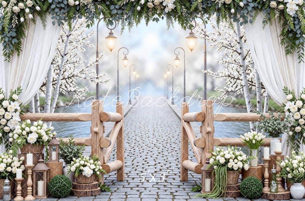 Kate Spring Cobblestone Bridge White Flowers Lanterns Curtain Backdrop Designed by Mini MakeBelieve