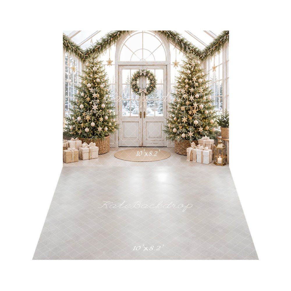 Kate Christmas Greenhouse Gold Star Trees Wreath Presents Printed Backdrop+Light Gray Glossy Floor Printed Backdrop