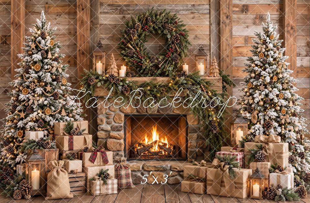 Kate Christmas Rustic Fireplace Trees Wreath Printed Backdrop Designed by Emetselch