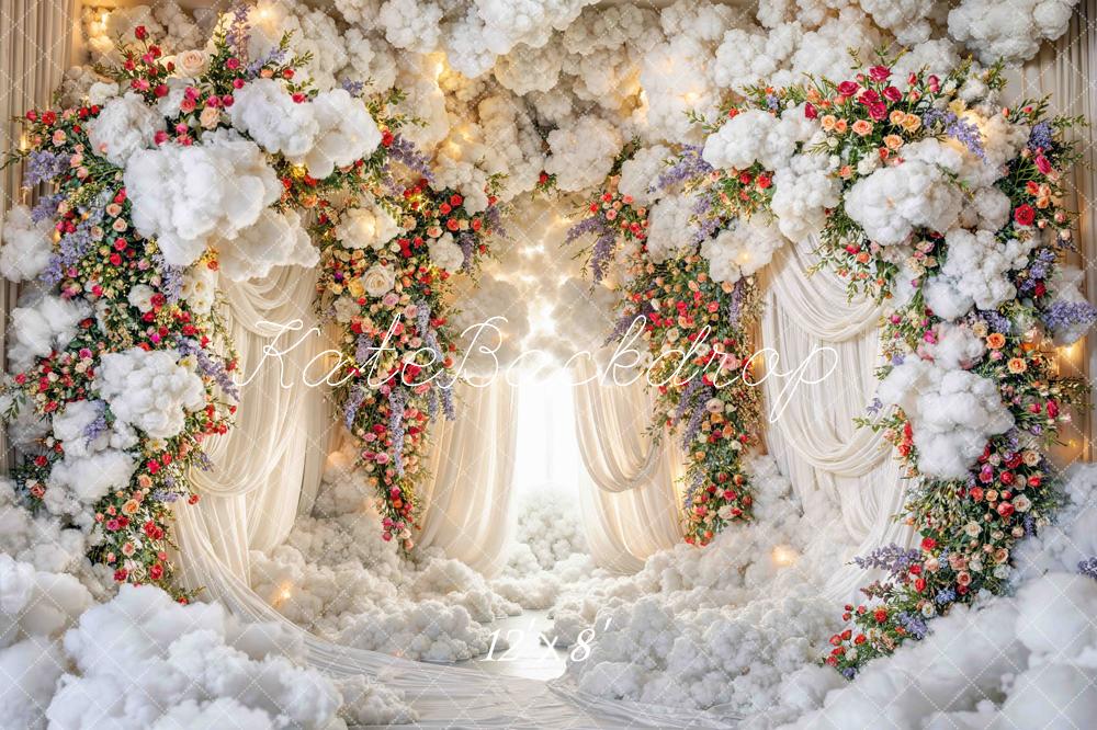 Kate Dream Flower Arch Clouds White Drapes Printed Backdrop Designed by Mini MakeBelieve