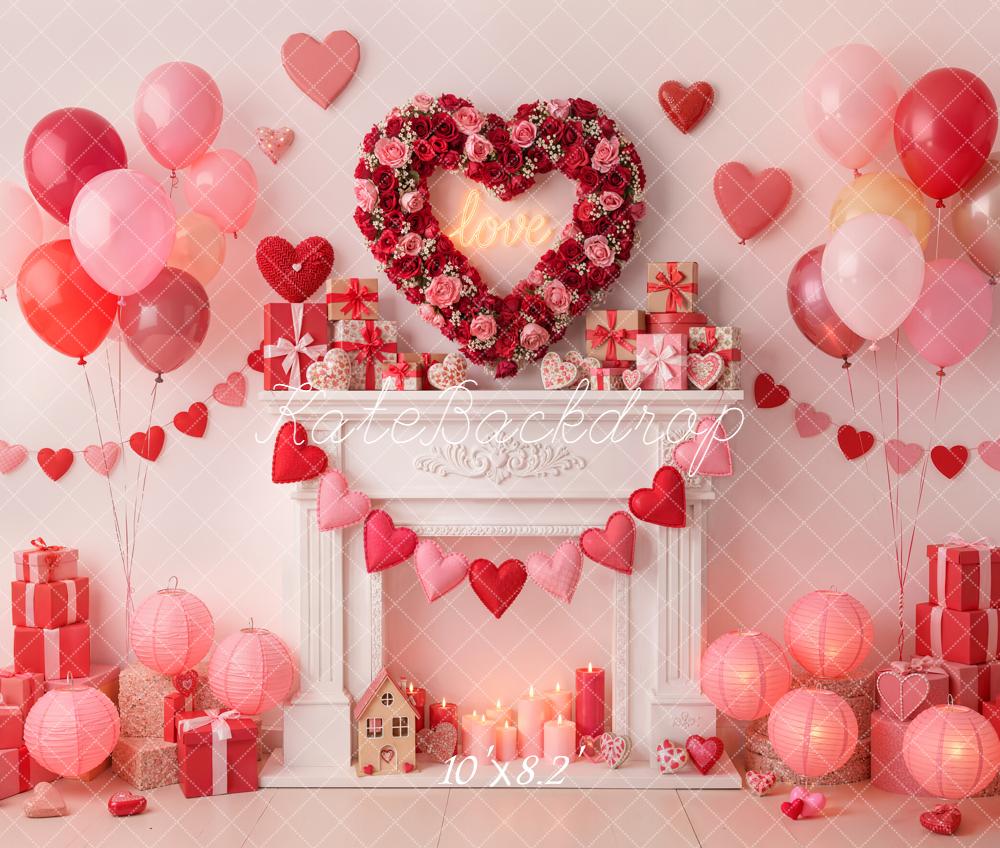 Kate Valentine's Day Roses Heart Balloons Fireplace Gifts Backdrop Designed by Emetselch