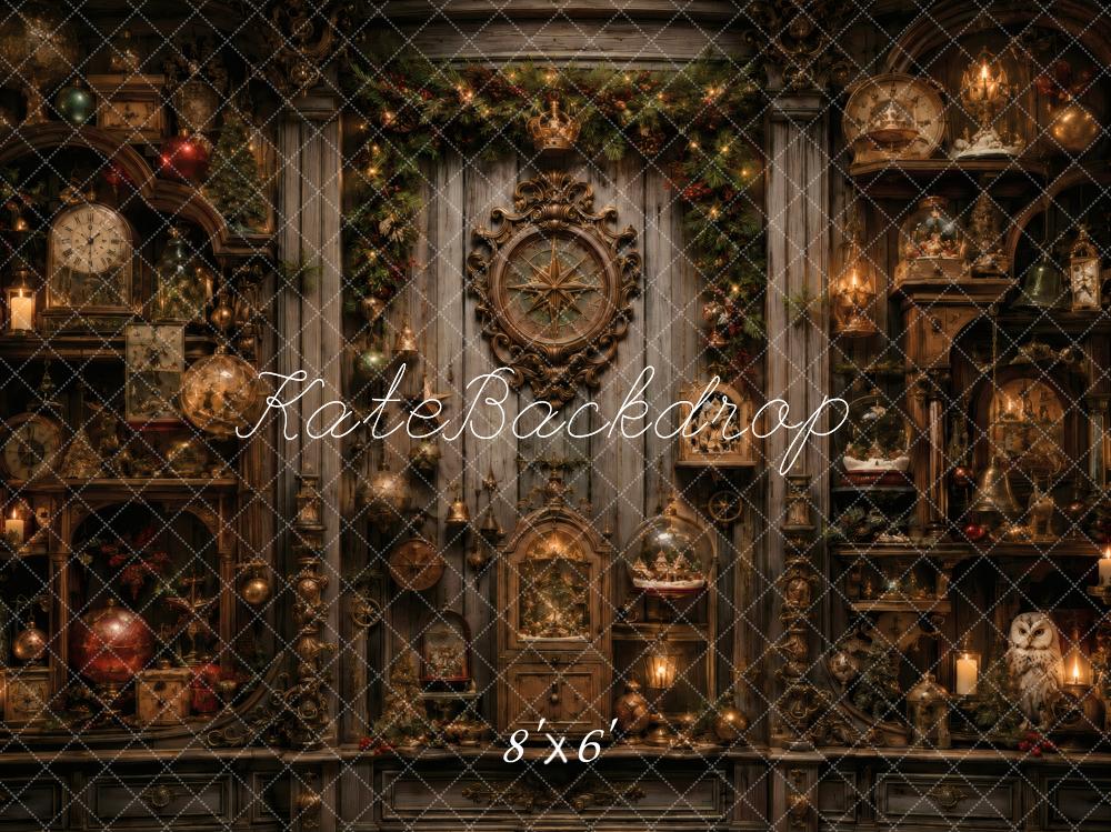 Kate Christmas Vintage Cabinet Clocks Garland Printed Backdrop Designed by Vertigo Productions