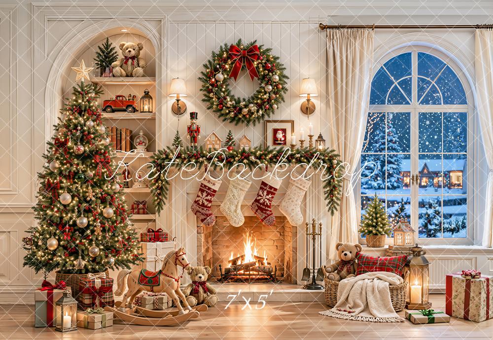 Kate Christmas White Fireplace Tree Wreath Toys Window Printed Backdrop Designed by Emetselch