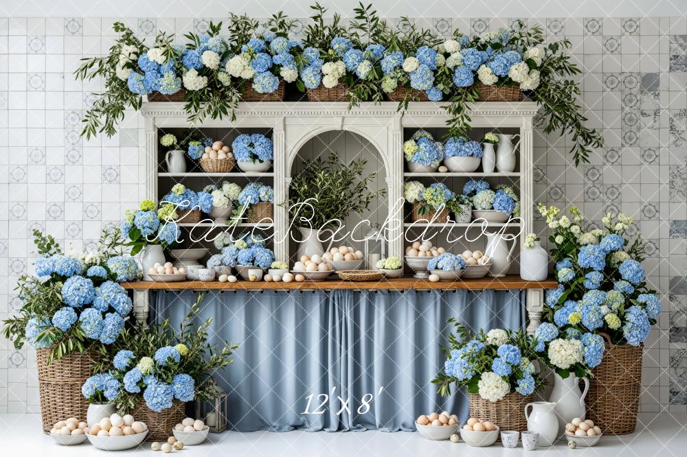 Kate Spring Blue Hydrangea Shelf Cabinet Eggs Kitchen Backdrop Designed by Patty Roberts