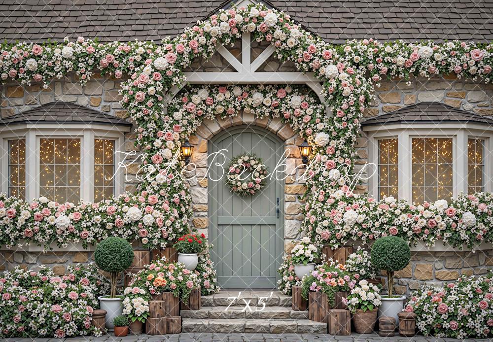 Kate Spring Flower Arch Stone Cottage Door Printed Backdrop Designed by Mini MakeBelieve
