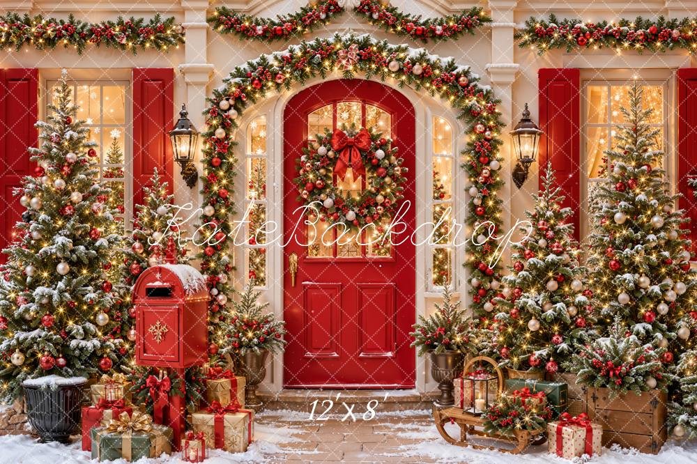 Kate Christmas Red Door Mailbox Garland Trees Victorian House Printed Backdrop Designed by Emetselch
