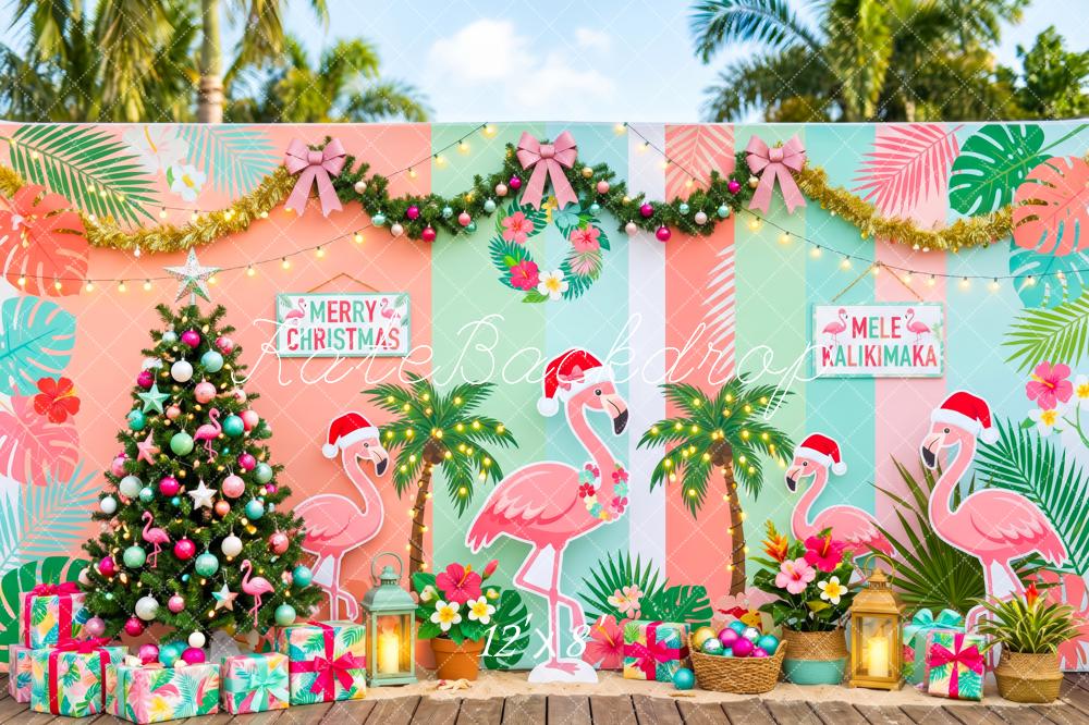 Kate Summer Christmas Flamingo Palm Tree Tropical Printed Backdrop Designed by Patty Roberts