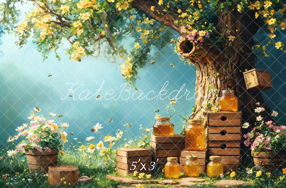 Kate Spring Floral Tree with Honey Jars Printed Backdrop for Kid Portraits Designed by Emetselch