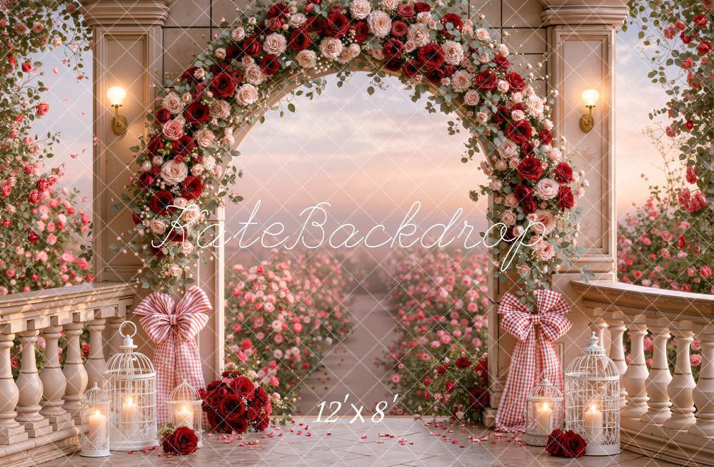 Kate Valentines Romantic Roses Arch Garden Retro Columns Printed Backdrop Designed by Emetselch
