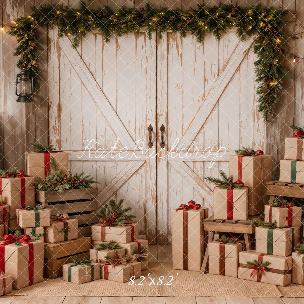 Kate Christmas Rustic White Barn Door Trees Gifts Printed Backdrop Designed by Emetselch