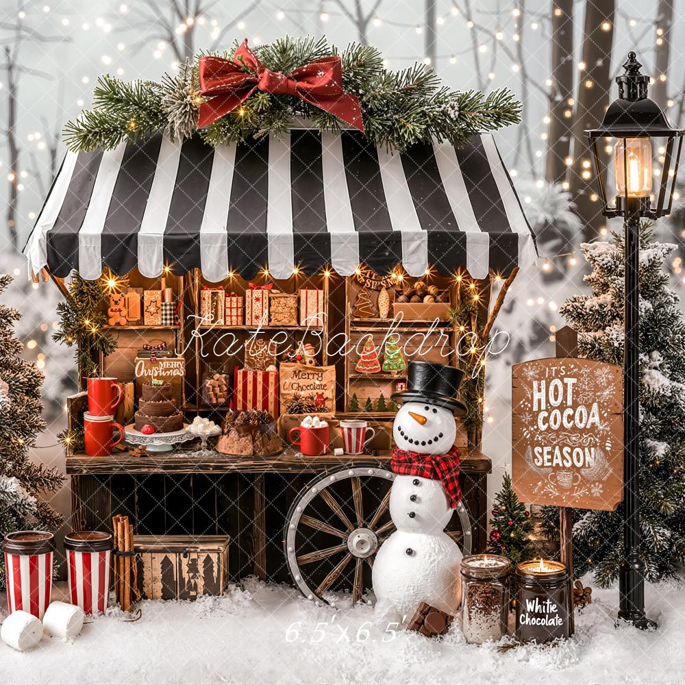 Kate Christmas Hot Cocoa Stand Snowman Winter Trees Backdrop Designed by Emetselch