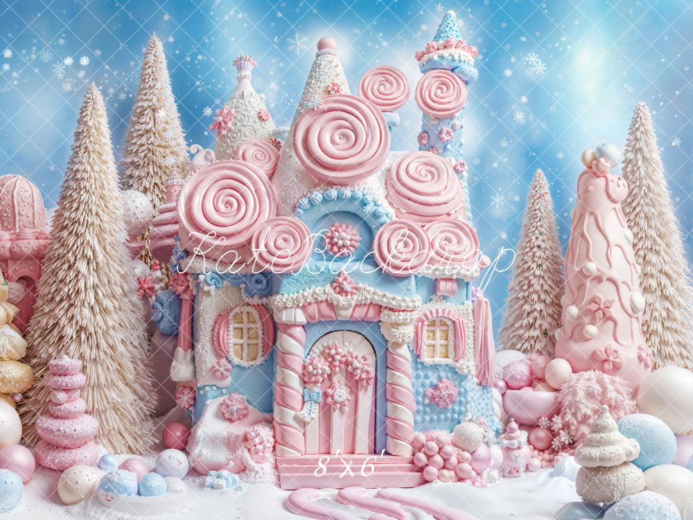 Kate Christmas Whimsical Candy Castle Pastel Snowy Trees Backdrop Designed by Emetselch