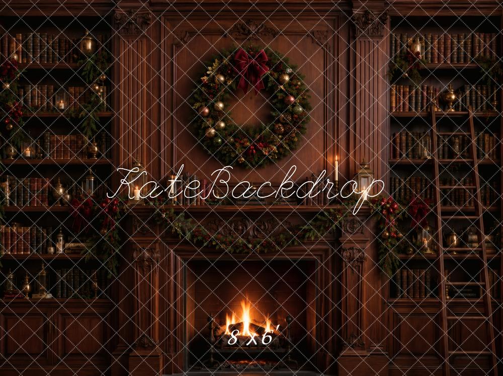 Kate Christmas Fireplace Library Wreath Printed Backdrop Designed by Vertigo Productions