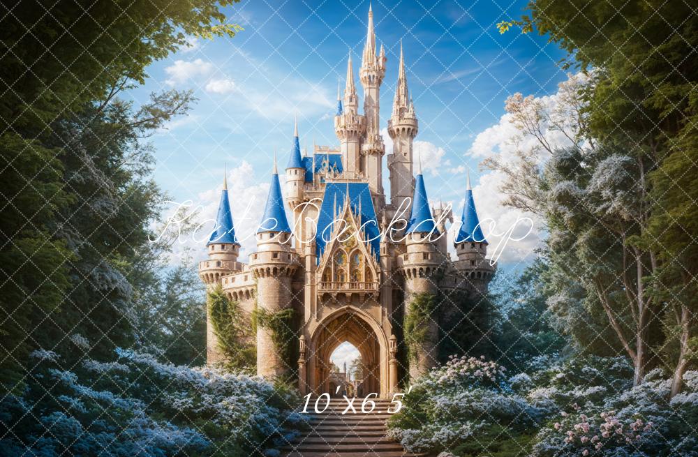 Fantasy Forest Blue Vintage Grand Castle Backdrop Diseñado por Chain Photography