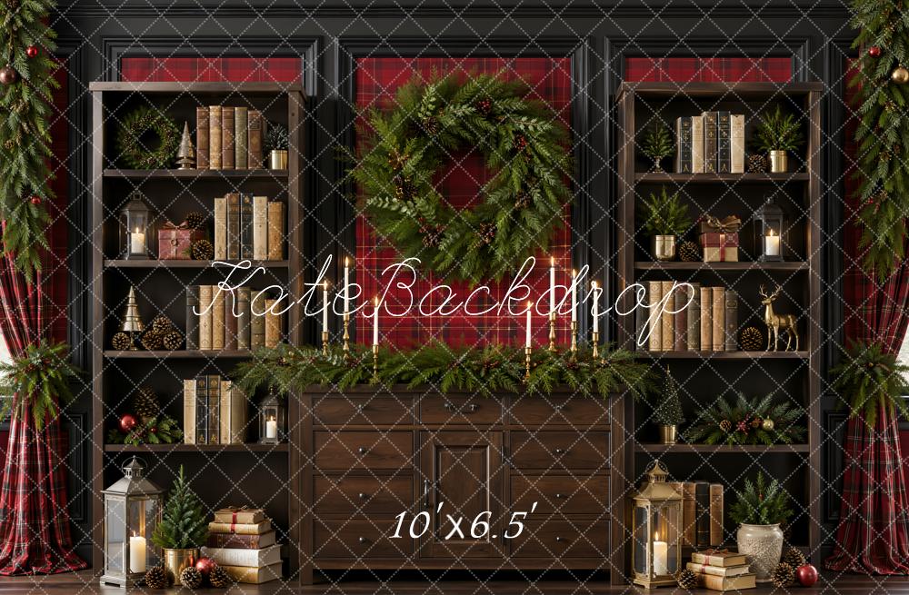 Kate Christmas Retro Library Wreath Brown Bookshelf Printed Backdrop Designed by Emetselch