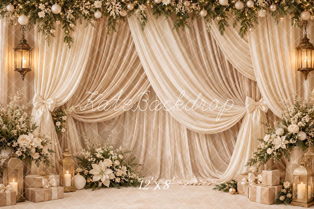Kate Christmas Cream Drapes Garland Lanterns Presents Flowers Printed Backdrop Designed by Emetselch