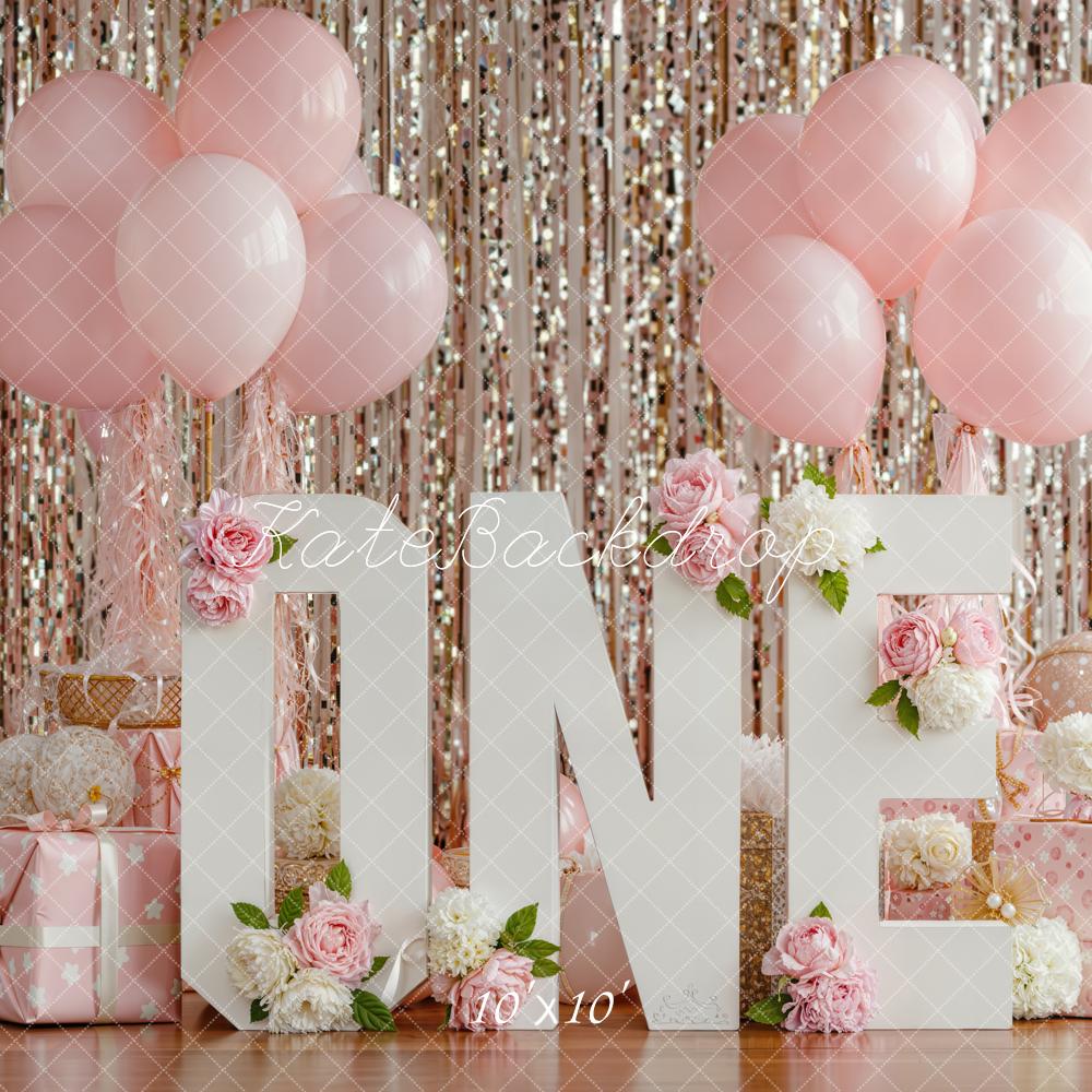 Kate Pink One Cake Smash Balloons Flowers Backdrop Designed by Emetselch