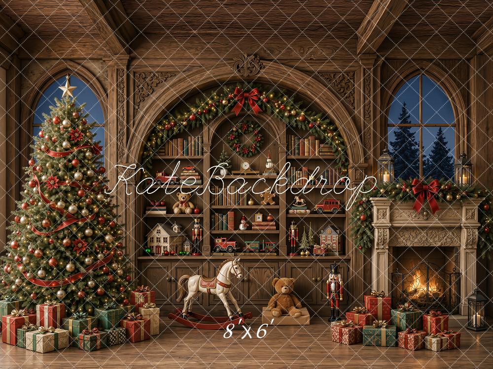 Kate Christmas Tree Toys Room Vintage Wood Wall Fireplace Gifts Printed Backdrop Designed by Emetselch
