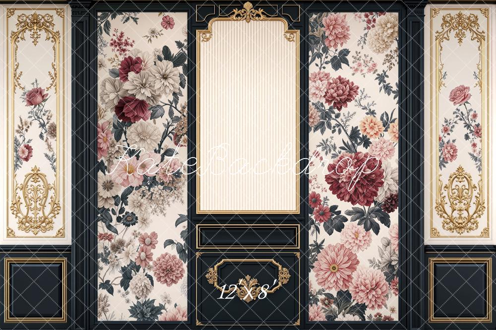 Kate Retro Ornate Black Gold Floral Wall Printed Backdrop Designed by Mini MakeBelieve