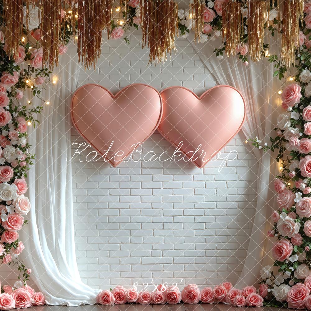 Kate Heart Balloons Flower Arch Pink Roses White Brick Wall Backdrop Designed by Mini MakeBelieve