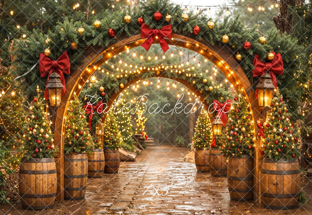 Kate Christmas Wood Arch Garland Barrel Trees Backdrop Designed by Emetselch