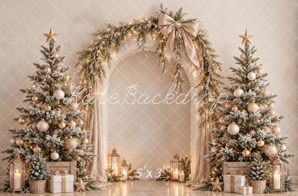 Kate Christmas Tree Arch Garland Bow Gold Ornaments Printed Backdrop Designed by Emetselch