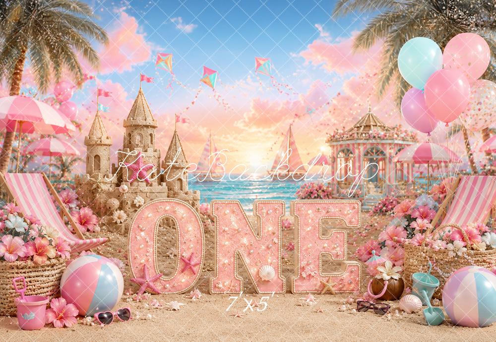 Kate Cake Smash Beach Pink Sandcastle Carousel Printed Backdrop Designed by Ashley Paul