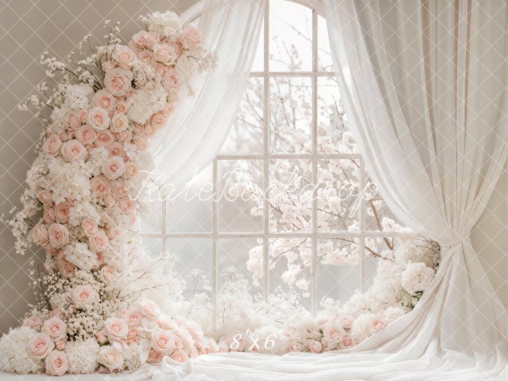 Kate Spring Flower Arch Pink White Blossoms Window Drapes Printed Backdrop Designed by Emetselch