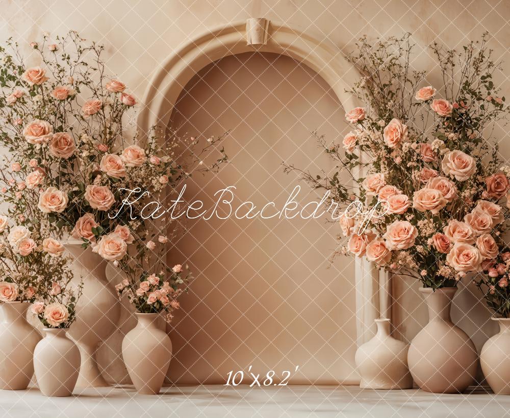 Kate Mother's Day Floral Arch Peach Roses Beige Backdrop Designed by Emetselch
