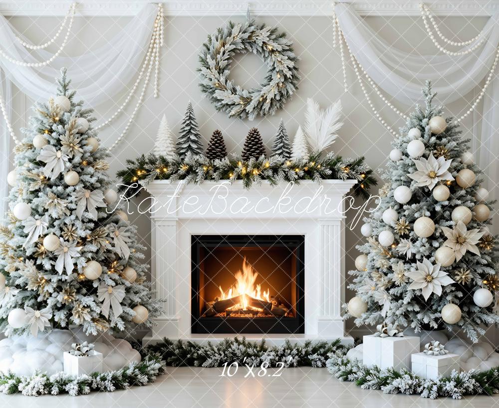 Kate Christmas White Poinsettia Fireplace Wreath Tree Pearl Backdrop Designed by Mini MakeBelieve
