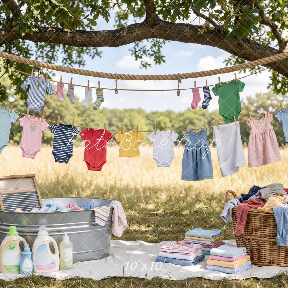 Kate Outdoor Clothesline Baby Laundry Picnic Scene Printed Backdrop Designed by Emetselch