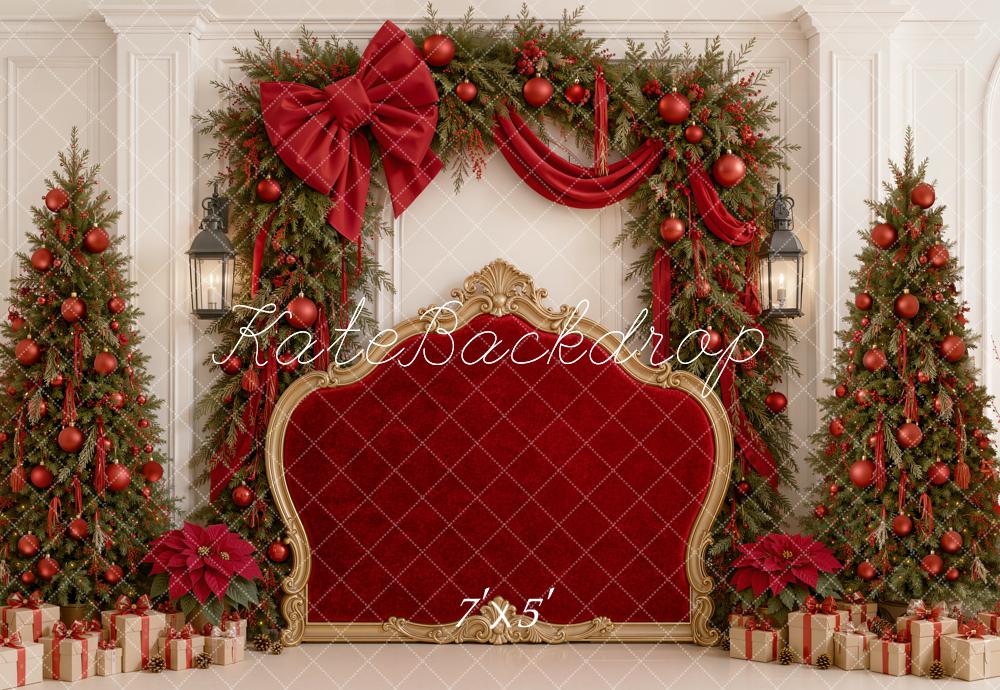 Kate Christmas Headboard Red Velvet Bow Garland Trees Printed Backdrop Designed by Emetselch