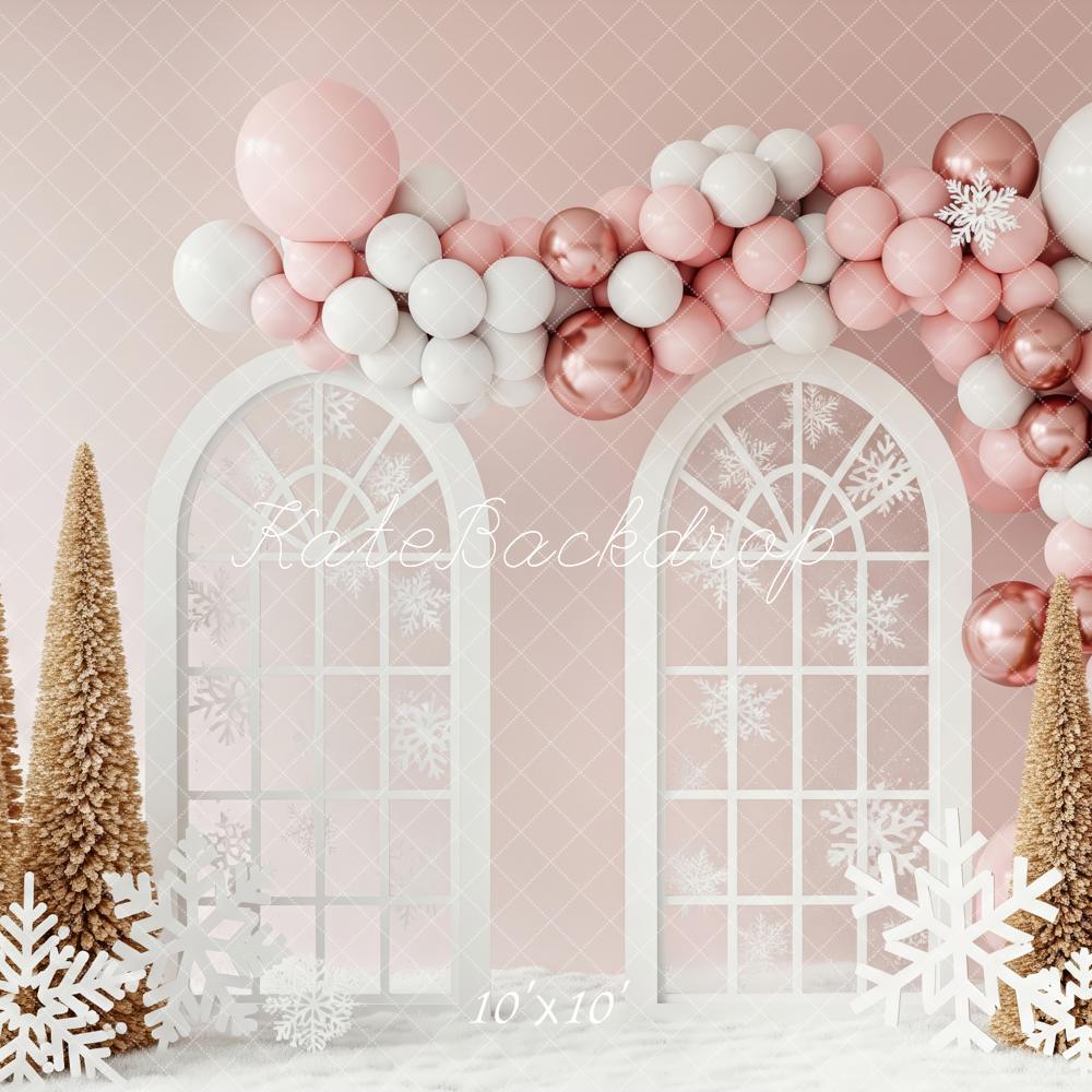 Kate Christmas Pink Balloon Arch Window Snowflake Trees Backdrop Designed by Patty Roberts
