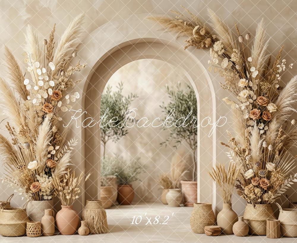 Kate Boho Flower Arch Pampas Grass Vases Beige Printed Backdrop Designed by Patty Roberts