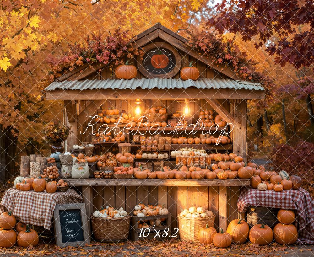Kate Fall Pumpkin Stand Maple Leaves Forest Backdrop Designed by Emetselch