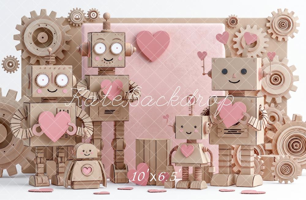Kate Valentine's Day Wood Robot Pink Hearts Gears Printed Backdrop Designed by Angela Miller