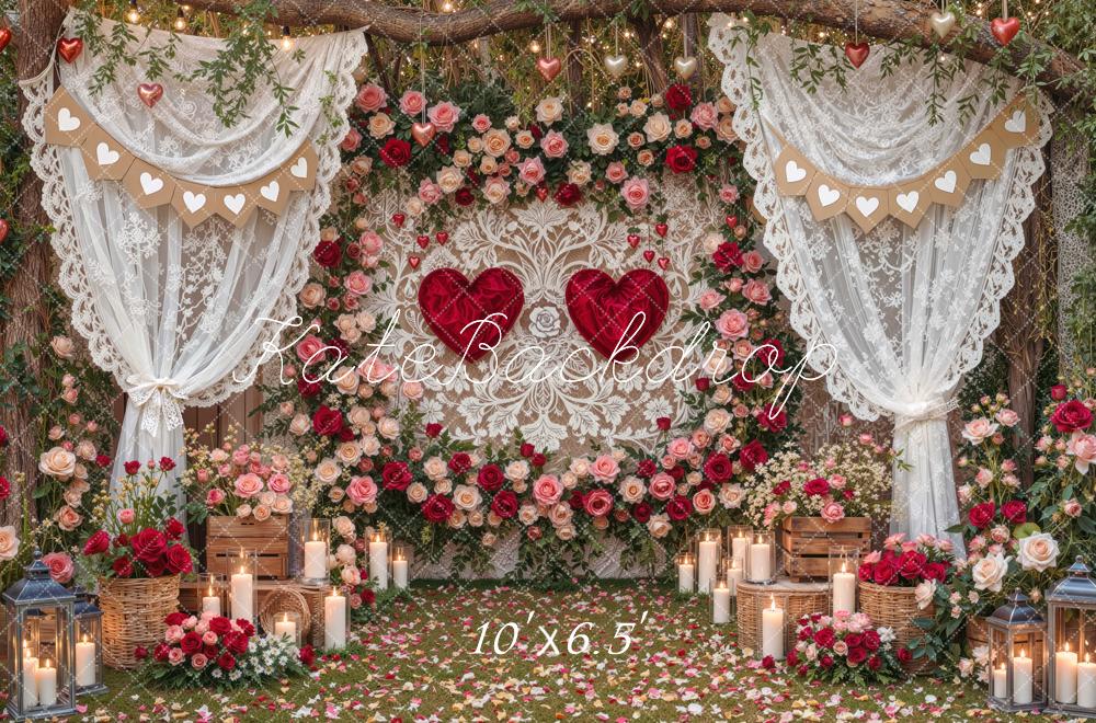 Kate Valentine's Day Lace Curtains Flower Branch Arch Heart Printed Backdrop Designed by Mini MakeBelieve