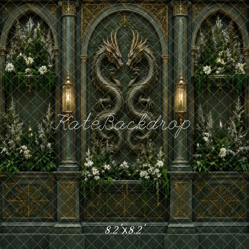 Kate Fantasy Dragon Gothic Arch Dark Green Wall Printed Backdrop Designed by Vertigo Productions
