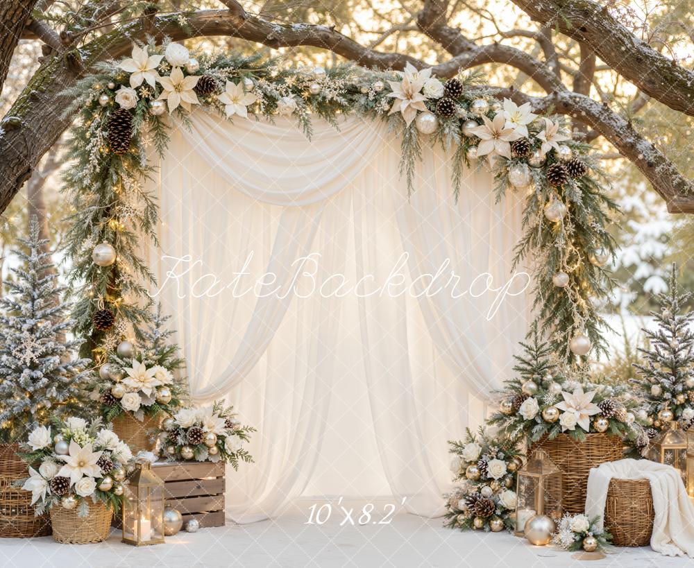 Kate Christmas White Drapes Floral Garland Lantern Arch Printed Backdrop Designed by Emetselch