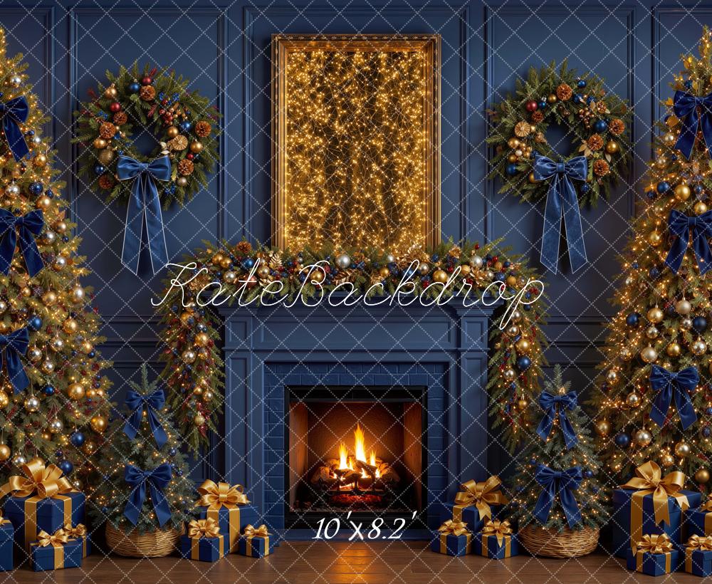 Kate Christmas Blue Bow Gold Trees Fireplace Wreath Printed Backdrop Designed by Mini MakeBelieve
