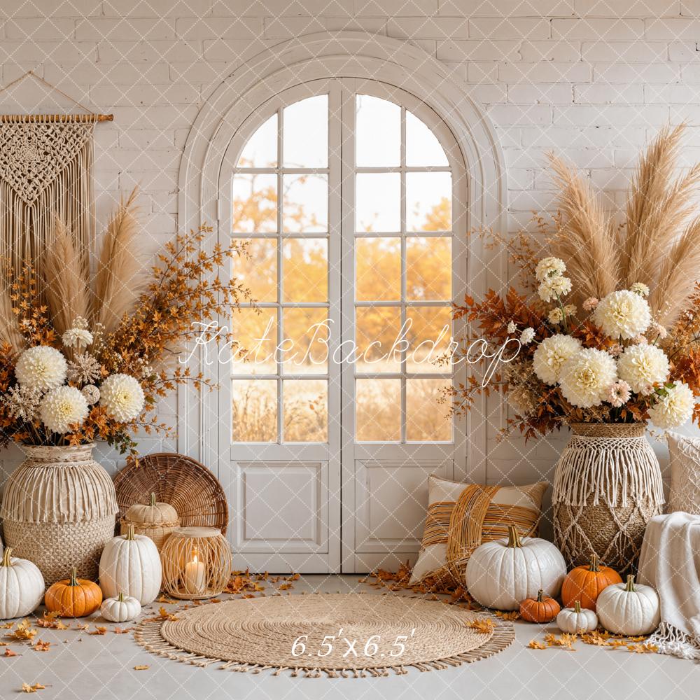 Kate Fall Boho Pumpkin Floral Arched Window Door Printed Backdrop Designed by Emetselch