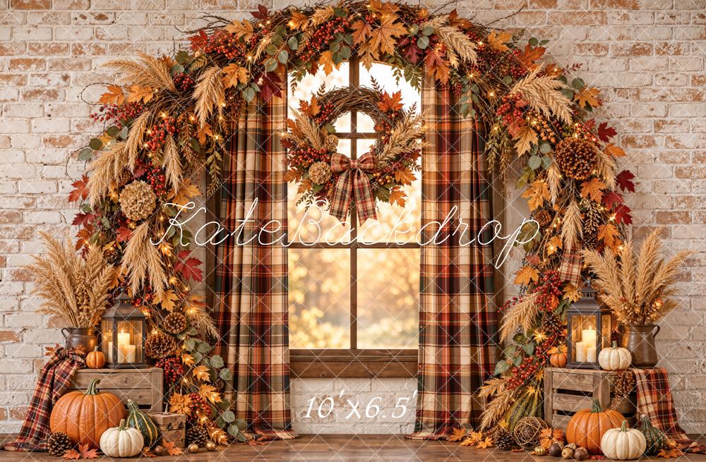 Kate Fall Pumpkin Garland Plaid Window Arch Printed Backdrop Designed by Emetselch